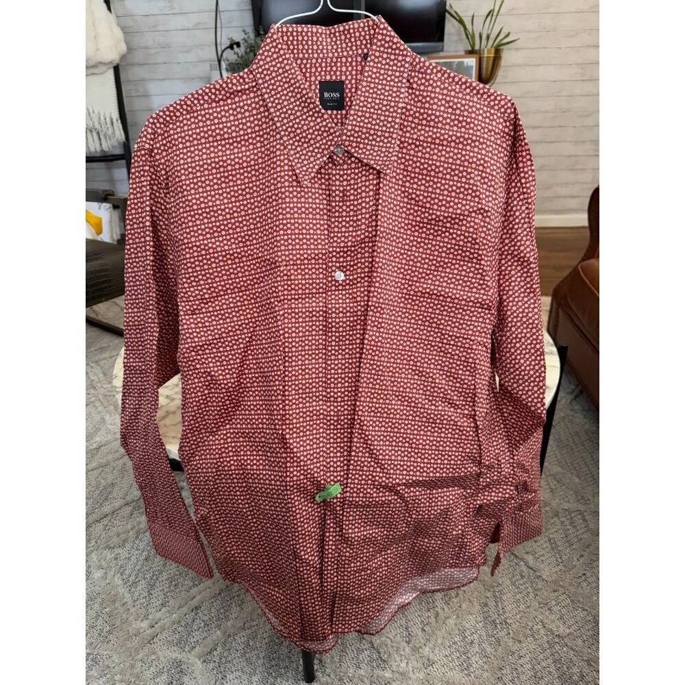 BOSS ALLOVER LOGO SLIM FIT STRETCH BURGUNDY-WHITE Shirt Mens Size XXL